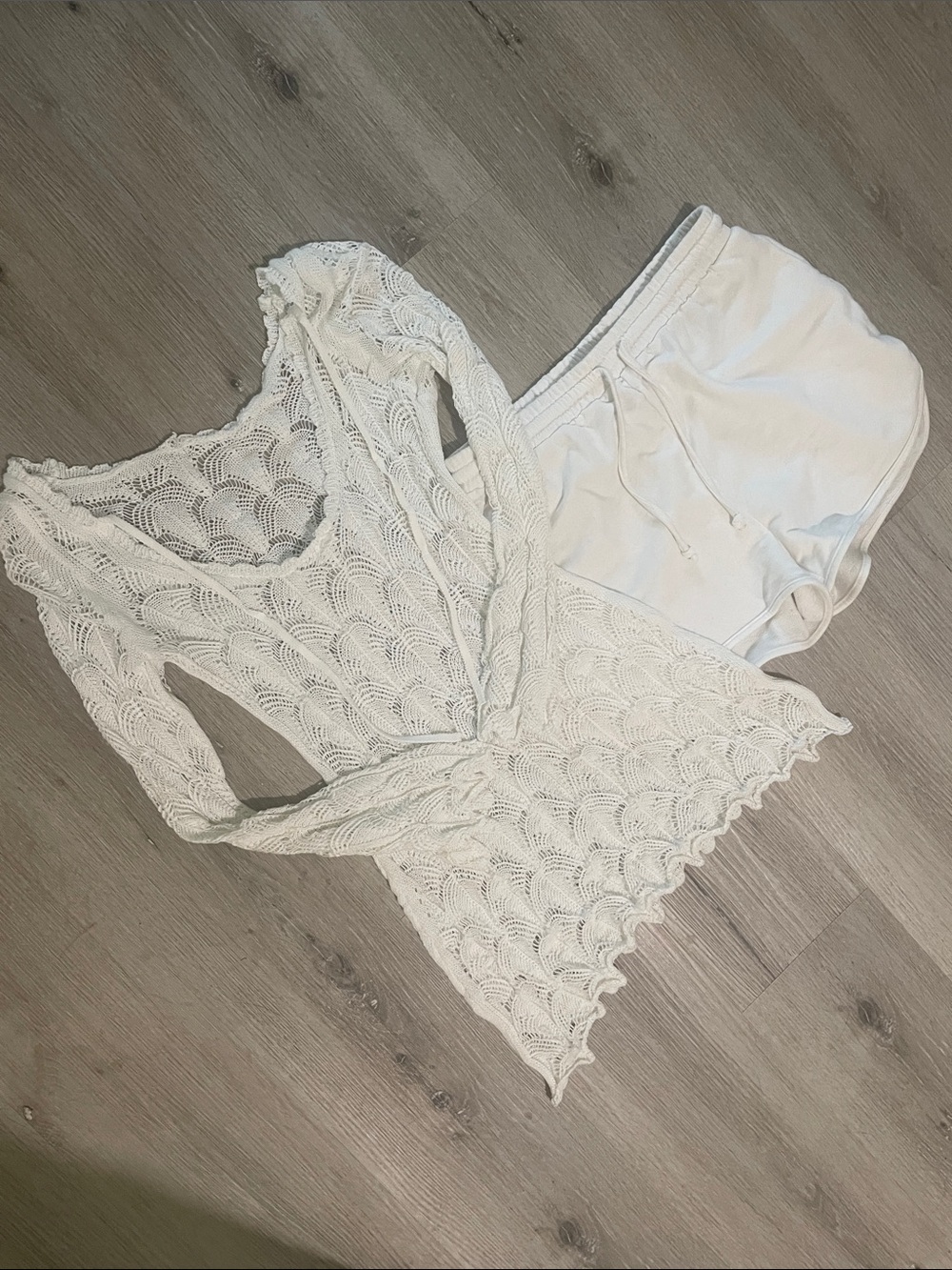 White Crochet V-Neck Swim Cover Up with White Cotton Shorts Set